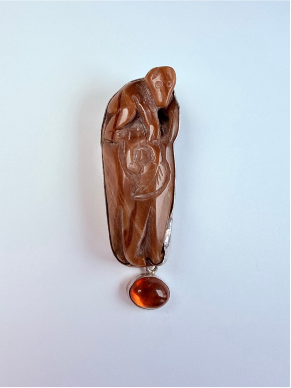 Amy Kahn Russell Carved Jade & Amber 925 Sterling Silver Pendant/Brooch $1,088